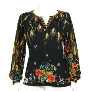 Vtg 70s BERGDORF GOODMAN Black Poly Wheat Floral Disco Balloon Sleeve Top /226